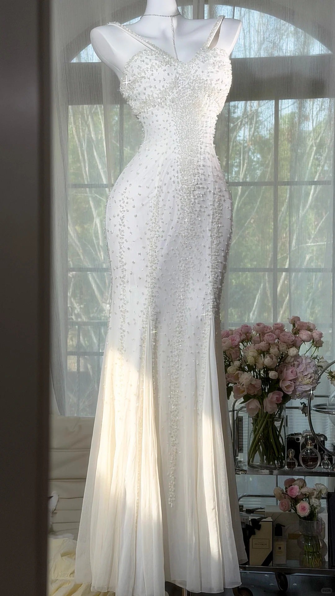 Robes de Bal Sirène Modestes Dos Nu en Mousseline Blanche avec Perles, Robes de Soirée Longues N3528
