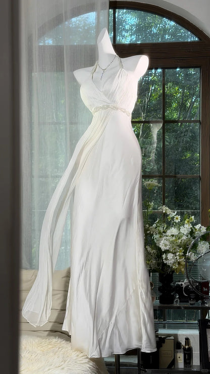 Vintage Mermaid Halter White Chiffon With Beading Long Prom Dress Formal Outfits Party Dresses RB7558
