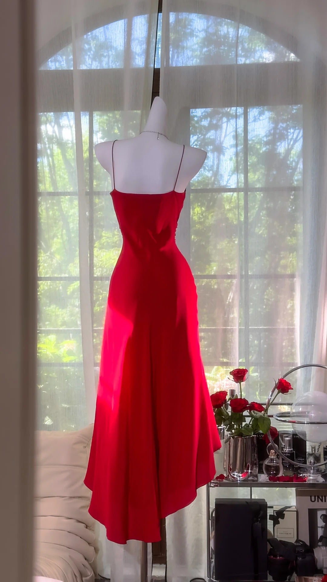 Charmantes Robes de bal Sirène Bretelles fines Chiffon rouge Tenues de soirée mi-longues N3580