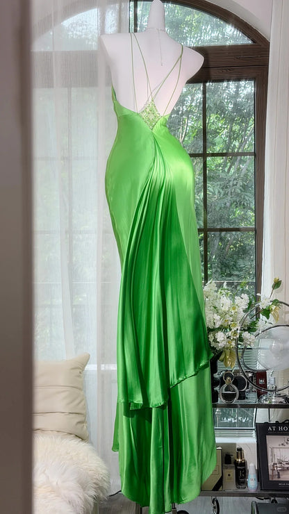 Elegantes Meerjungfrauen-Spaghettiträger-Satin-Kleid in Grün mit offenem Rücken, aus Chiffon, bodenlang, für den Abschlussball, Inspo, formelle Outfits RB4514