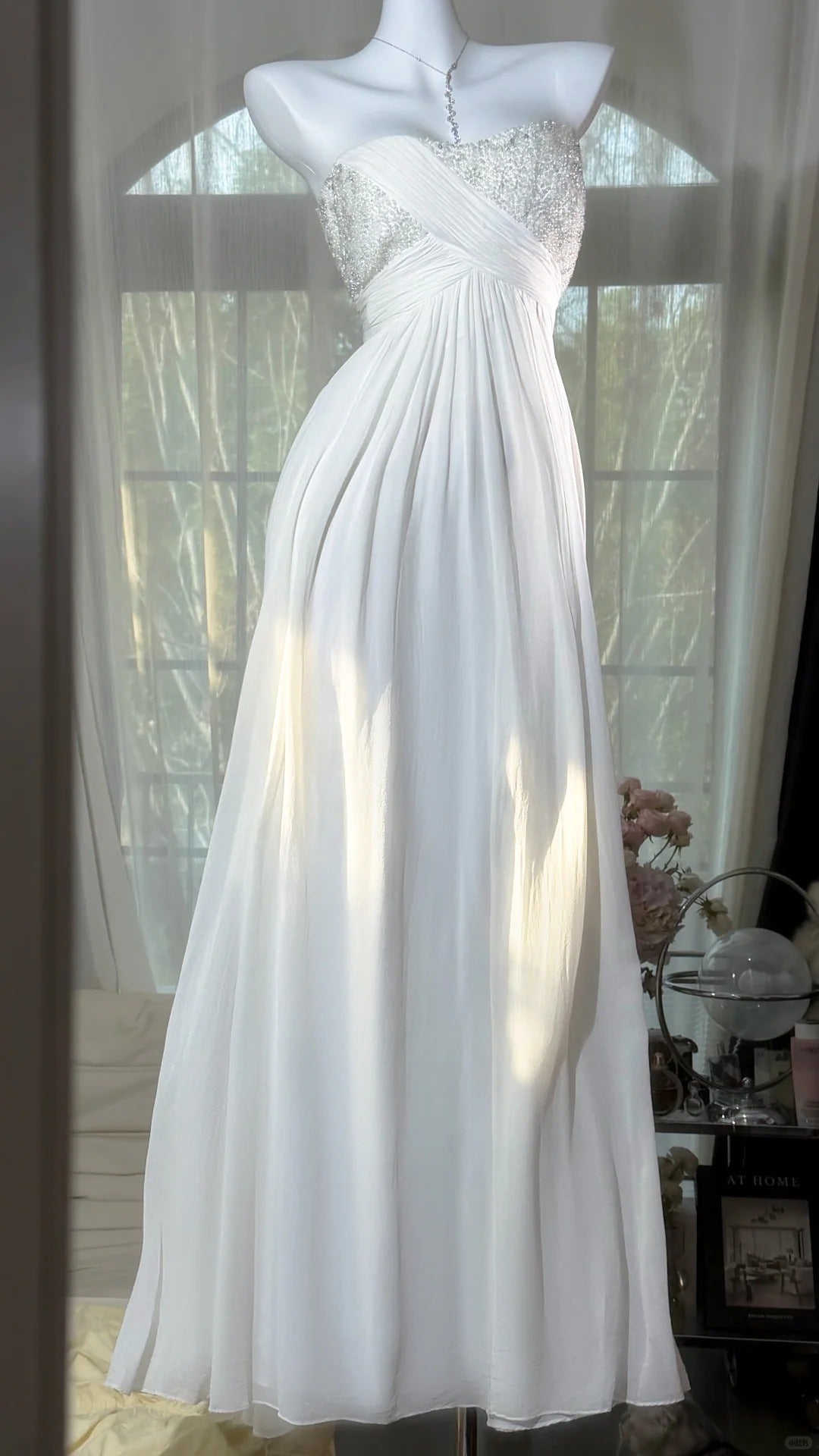 Robes de bal modestes trapèze bustier en mousseline de soie blanche longue robes de soirée N3525