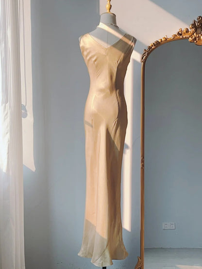 Vintage Abschlussballkleider 90er Meerjungfrau Wasserfallausschnitt Gold mit Rüschen Ärmellos Lange Abendgarderobe Formelle Outfits RB4253