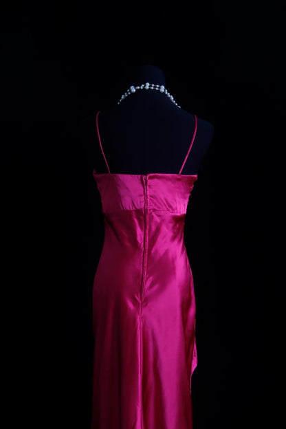 Vintage Abschlussballkleider 1950er Jahre Vokuhila Neckholder Fuchsia mit Perlen ärmellose Abendgarderobe Formelle Outfits RB4329