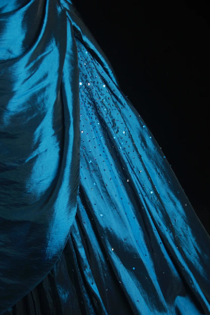 Princess Prom Dresses Ball Gowns Strapless Sleeveless Blue Satin With Beaded Bodice Evening Long Formal Dress RB3271