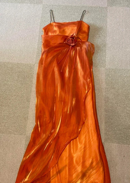 Vintage Prom Dresses Mermaid Orange Spaghetti Strap 80s Sleeveless Long Evening Formal Dress RB3241