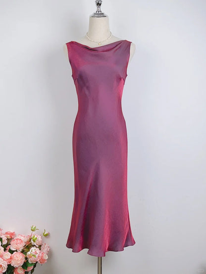 Simple Mermaid Cowl Fuchsia Tea Length Prom Dresses Formal Outfits RB3908