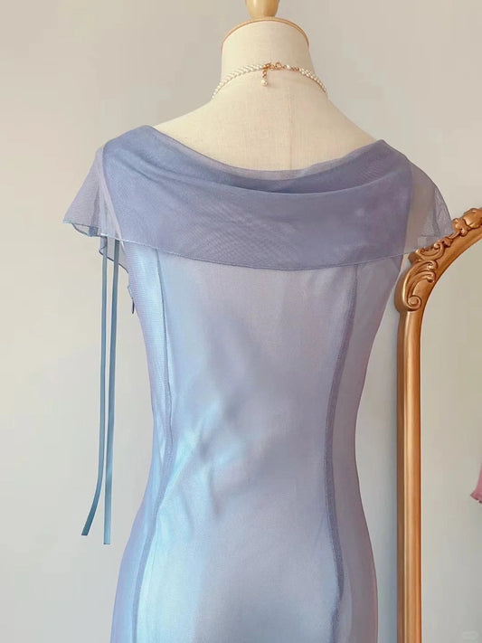 Vintage Sheath Cowl Blue Tea Length Chiffon Prom Dresses Formal Outfits RB3897