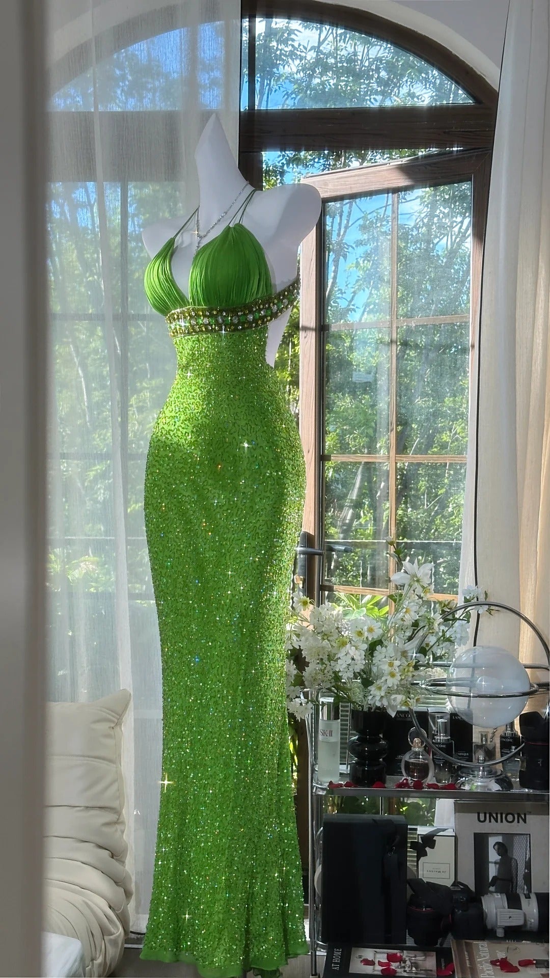Robes de soirée modestes sirène licou vert sans manches sequin avec perles longues tenues de soirée N3567