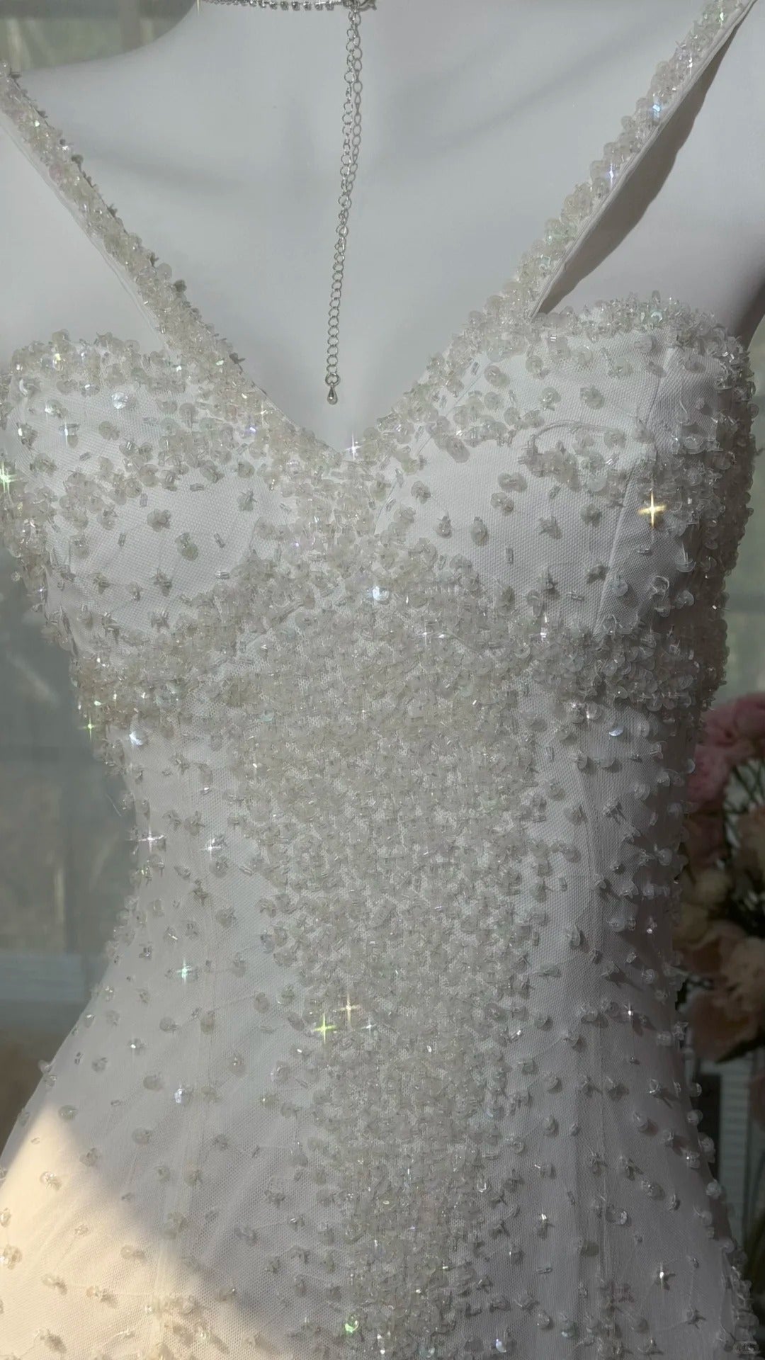 Robes de Bal Sirène Modestes Dos Nu en Mousseline Blanche avec Perles, Robes de Soirée Longues N3528