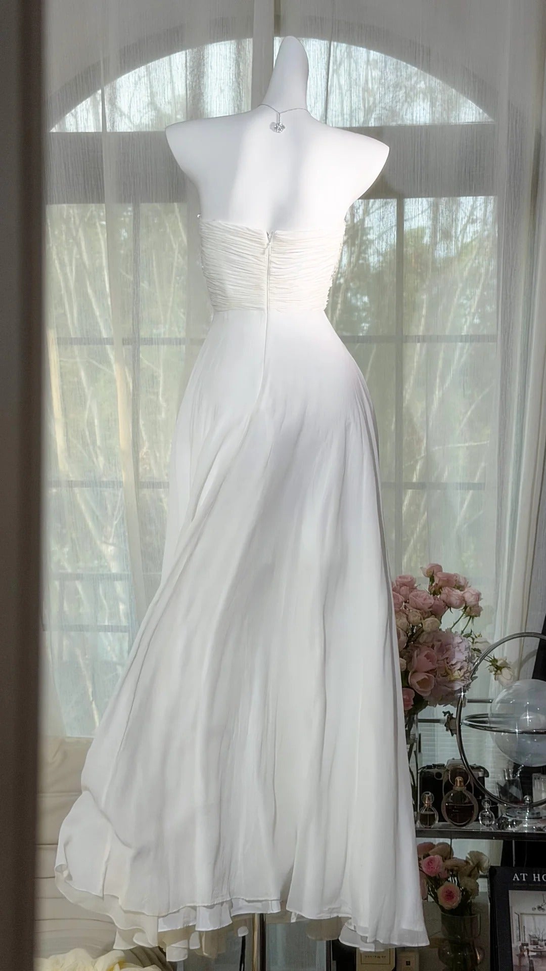 Robes de bal modestes trapèze bustier en mousseline de soie blanche longue robes de soirée N3525