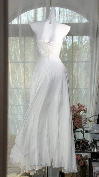 Robes de bal modestes trapèze bustier en mousseline de soie blanche longue robes de soirée N3525