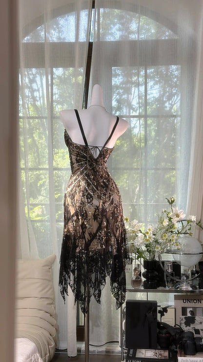 Cute Mermaid Spaghetti Strap Black Lace Knee Length 16th Birthday Dress Homecoming Outfits N3572
