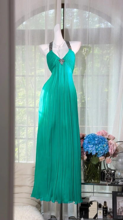 Élégant Chiffon Bleu Col Halter Coupe Trapèze Avec Perles Paillettes Robes Longues de Bal Tenues Formelles RB3888