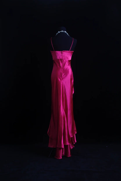Robes de bal longues fuchsia roses licou asymétrique coupe basse style rétro Robes de soirée habillées RB3944