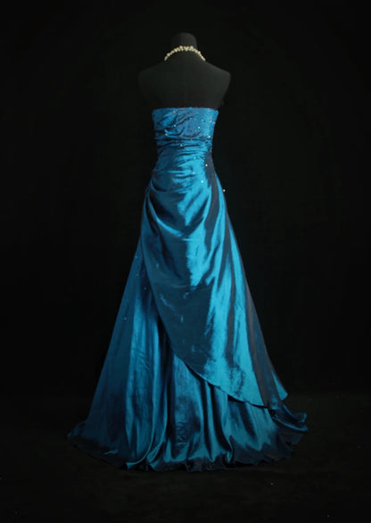 Princess Prom Dresses Ball Gowns Strapless Sleeveless Blue Satin With Beaded Bodice Evening Long Formal Dress RB3271