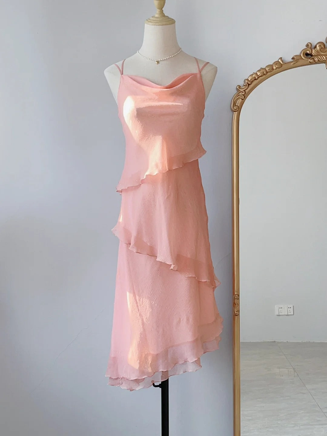 Modest A Line Spaghetti Strap Pink Tea Length Spring Summer Event Outfits Wedding Guest Dresses RB3239