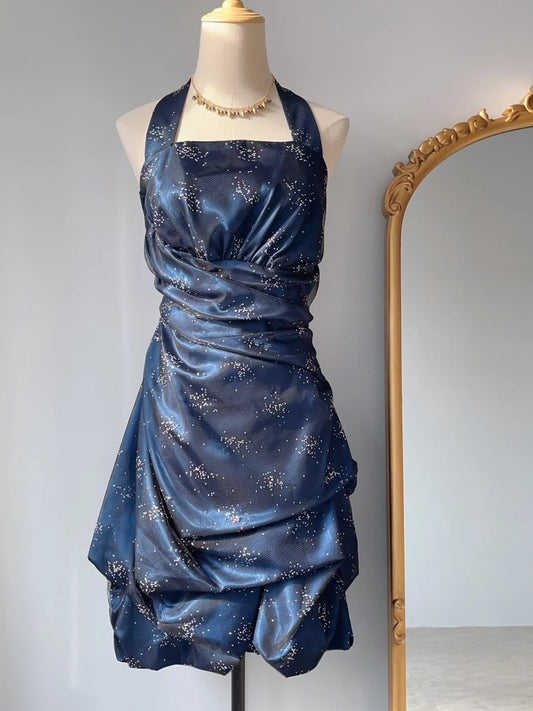 Vintage A line Halter 9th Grade Navy Blue Short Senior Inspo Birthday 18th Party Outfits Homecoming Dresses RB3896