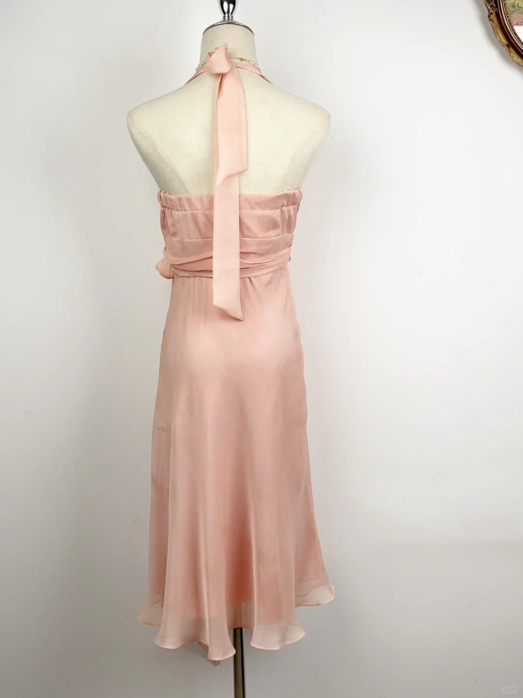 Retro A line Halter Blush Pink Chiffon Tea Length Prom Dresses Formal Party Outfits RB3920