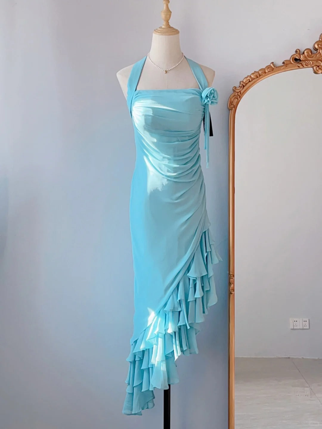 Modest Mermaid Halter Blue Irregular Tea Length Spring Summer Event Outfits Wedding Guest Dresses RB3238