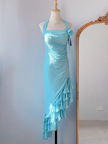 Modest Mermaid Halter Blue Irregular Tea Length Spring Summer Event Outfits Wedding Guest Dresses RB3238