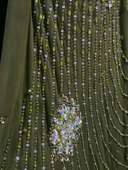 Elegant Chic Prom Dresses A Line Olive Green Spaghetti Strap Chiffon Sleeveless With Beading Semi Formal Evening Dress N3797
