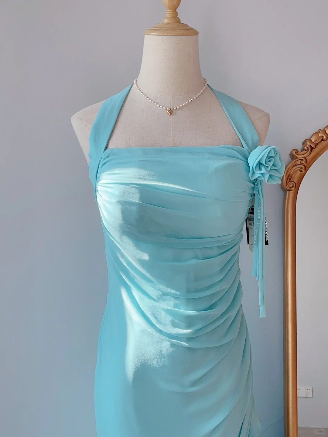 Modest Mermaid Halter Blue Irregular Tea Length Spring Summer Event Outfits Wedding Guest Dresses RB3238