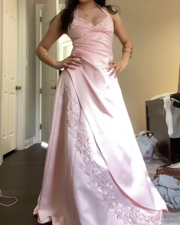 Robe de bal longue rose élégante, coupe trapèze, dos nu, idéale pour une soirée, un 18e anniversaire ou une remise de diplôme (N1660)