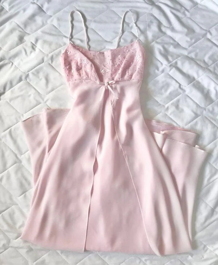 Robe de bal longue en mousseline rose, coupe trapèze, bretelles spaghetti, style années 90, idéale pour les lycéennes et les adolescentes (réf. N1656).