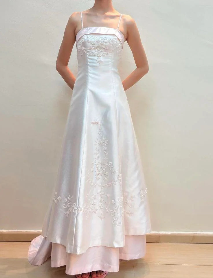 Robe de bal longue rose clair vintage années 80, coupe trapèze, bretelles spaghetti, idéale pour les lycéennes et les adolescentes (N1659)